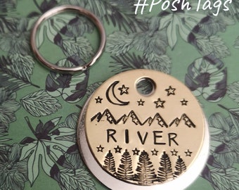 Mountains, trees, moon, stars, night sky... Brass dog cat tag pet tag hand stamped #PoshTags Collar Christmas Gift Idea