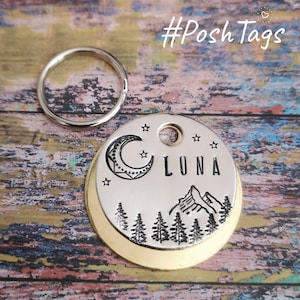 Moon, mountains & trees - landscape dog tag night star sky stars - with or without name - hand stamped pet cat dog ID collar tag #PoshTags