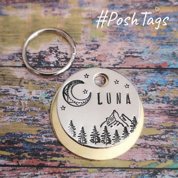 Lune, montagnes et arbres - étiquette de chien de paysage nuit étoile ciel étoiles - avec ou sans nom - étiquette de collier d'identification de chien de chat de compagnie estampillée à la main #PoshTags