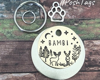 Ciervos en el bosque - animales del bosque - cualquier nombre - etiqueta de identificación para mascota de perro #PoshTags Collar Idea de regalo de Navidad