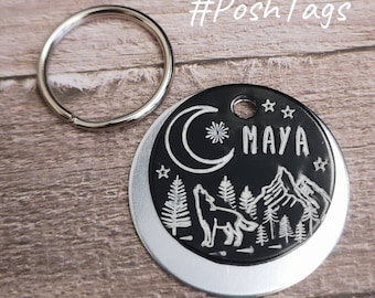 Aluminium lightweight Black & Silver - howling at the moon wolf, trees night sky stars - 2 sizes - dog cat ID tag #PoshTags