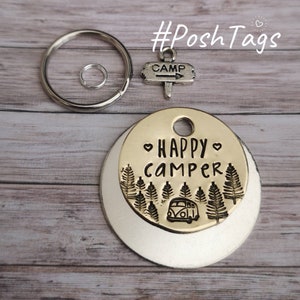 Happy Camper - camper van trees mountain camping - pet cat dog ID tag - 3 sizes  #PoshTags Collar Christmas Gift Idea