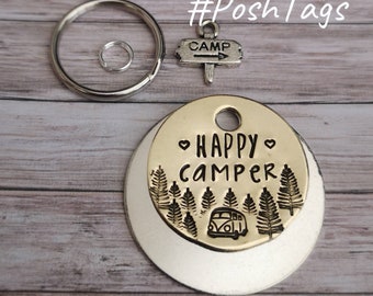 Happy Camper - camper van trees mountain camping - pet cat dog ID tag - 3 sizes  #PoshTags Collar Christmas Gift Idea