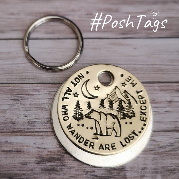 Not all who wander are lost with bear 3 sizes cat dog tag pet tag ID #PoshTags Collar Christmas Gift Idea
