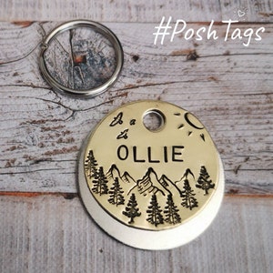 Mountains, sunshine and forest trees landscape dog tag - hand stamped made to order pet dog ID tag #PoshTags Collar Christmas Gift Idea