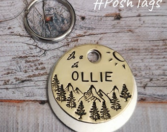 Mountains, sunshine and forest trees landscape dog tag - hand stamped made to order pet dog ID tag #PoshTags Collar Christmas Gift Idea