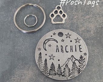 Mountain night walk - any name - Double sided chunky aluminium disc - 2 sizes - pet cat dog ID tag #PoshTags Collar Christmas Gift Idea