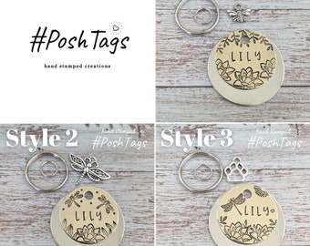 Lily flower lotus dragonfly floral- 3 sizes, different colour options - cat dog puppy kitten pet tag ID #PoshTags Collar Christmas Gift I