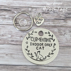 Indoor only cat - playing cat - leaf border - small medium cat kitten pet tag hand stamped #PoshTags Collar Christmas Gift Idea