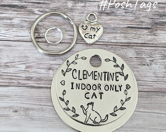 Indoor only cat - playing cat - leaf border - small medium cat kitten pet tag hand stamped #PoshTags Collar Christmas Gift Idea