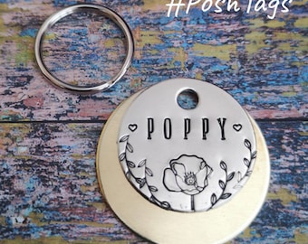 Poppy bloem en bladeren - kat hond huisdier tag ID #PoshTags halsband kerstcadeau idee