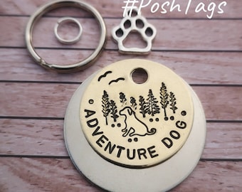 AVENTURA PERRO árboles bosque maderas pájaros etiqueta de perro - estampado a mano hecho a pedido etiqueta de identificación de perro mascota #Poshtags Collar Idea de regalo de Navidad