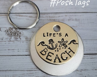 Life's a Beach- sun sand anchor waves sea - 3 sizes - hand stamped made to order pet cat dog ID tag #PoshTags Collar Christmas Gift Idea