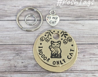 Indoor only cat - lucky waving cat - cat kitten pet hand stamped #PoshTags Collar Christmas Gift