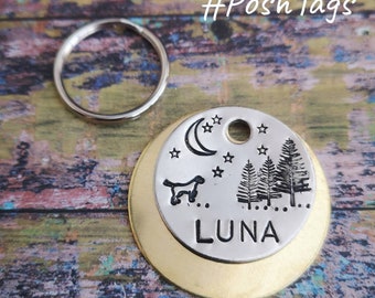 Dog in the night trees - stamp options available: bear campervan dachshund tent campfire puppy husky - hand stamped pet dog ID tag #PoshTags