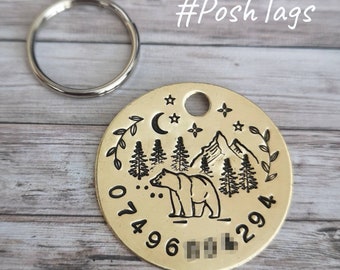 Bear in the mountains single brass disc - mountain adventure - single disc medium/large dog pet tag #PoshTags Collar Christmas Gift Idea