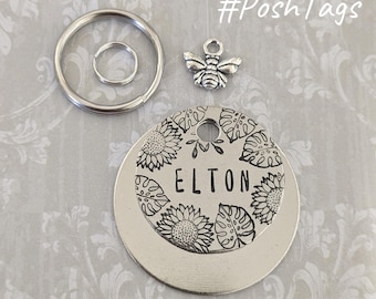 Sunflowers and Monstera Leaves with bee charm - 3 sizes, 4 colour combos - cat dog pet tag ID #PoshTags Collar Christmas Gift Idea