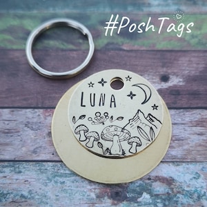 Mushrooms and mountains - toadstools moon Luna- 3 sizes - hand stamped #PoshTags Collar Christmas Gift Idea