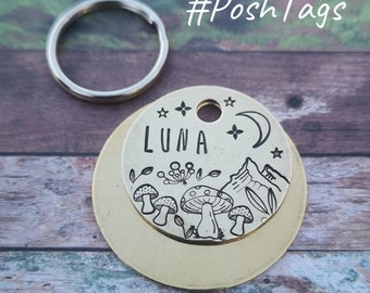 Mushrooms and mountains - toadstools moon Luna- 3 sizes - hand stamped #PoshTags Collar Christmas Gift Idea