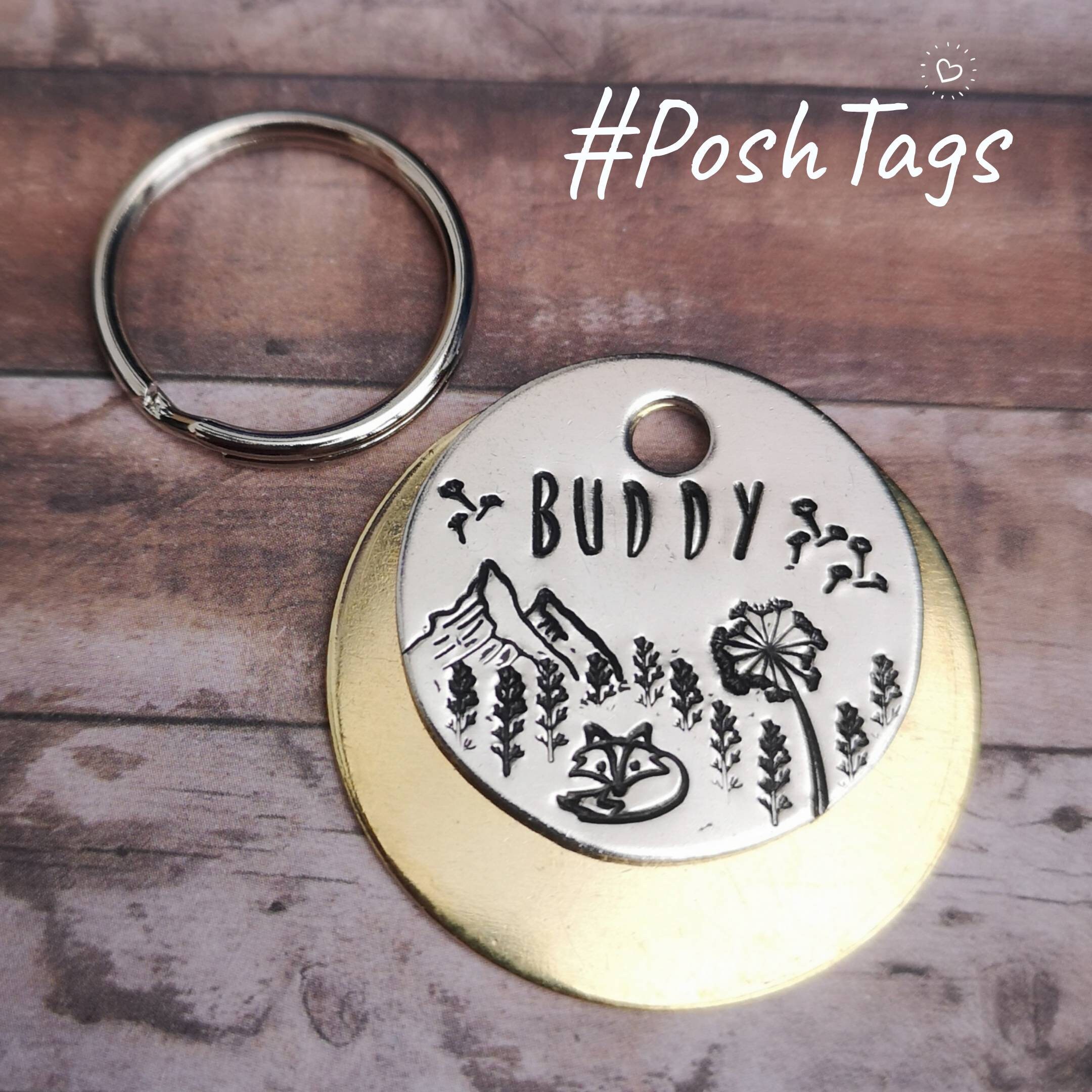 Fox in the flowers different sizes dog cat pet id tag hand stamped PoshTags Collar Christmas Gift Idea