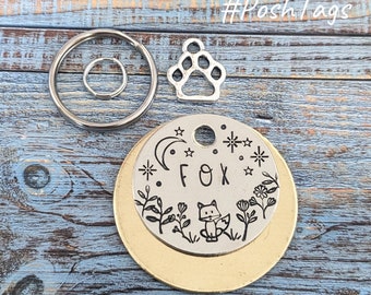 Fox (any name) cute - moon and wild flowers meadow field - choice of colours dog puppy pet tag ID #PoshTags Collar Christmas Gift Idea