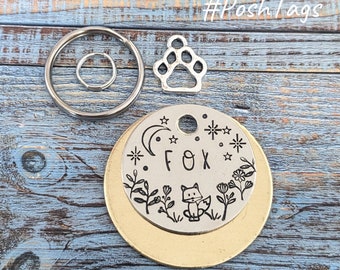 Zorro (cualquier nombre) lindo - luna y flores silvestres campo de pradera - elección de colores perro cachorro mascota etiqueta ID #PoshTags Collar Idea de regalo de Navidad