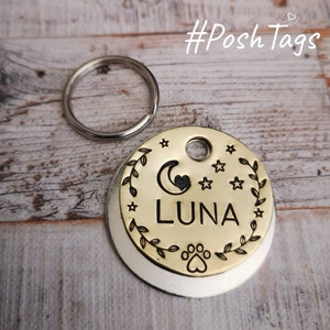 Heart moon and stars with leaf border LUNA - dog pet id tag hand stamped heart paw #PoshTags Collar Christmas Gift Idea