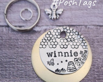 Abeille, ruche, nid d'abeille et fleurs sauvages - The Winnie Tag - étiquette d'identification de chien de chat de compagnie #PoshTags Collier Idée de cadeau de Noël