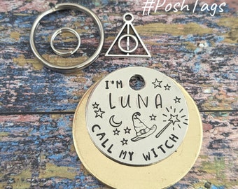 Luna (cualquier nombre) llama a mi mago brujo - sombrero mágico deletrea estrellas varita - gato perro cachorro gatito mascota etiqueta ID #PoshTags Collar Navidad Regalo Ide