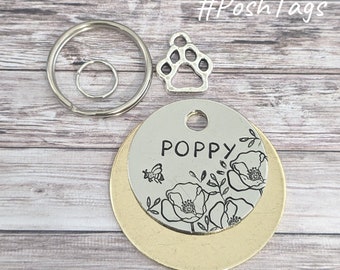 Poppy flower and leaves - bee charm - cat dog pet tag ID #PoshTags Collar Christmas Gift Idea