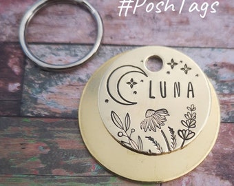 Moon and wildflowers - stars - hand stamped 3 SIZES- pet cat dog ID tag #PoshTags Collar Christmas Gift Idea