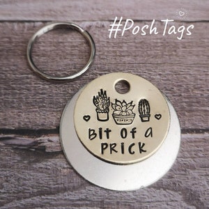 May include: A gold-toned metal keychain with a round tag that says "Bit of a prick" and features three potted succulents. The tag is attached to a silver key ring.