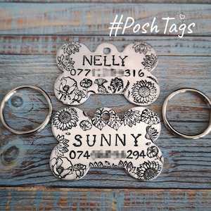 All the flowers!! Aluminium bone shape hand stamped made to order - sunflower echinacea rose poppy - pet dog ID tag #PoshTags