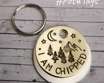 I am chipped - mountains trees moon stars - dog pet id tag hand stamped #PoshTags Collar Christmas Gift Idea