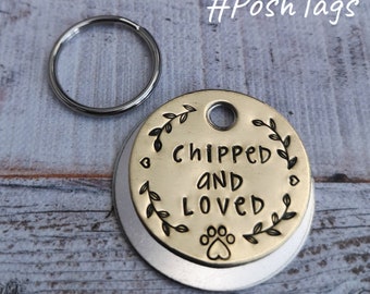 Chipped and Loved - leaf border - dog pet id tag hand stamped heart paw #PoshTags Collar Christmas Gift Idea