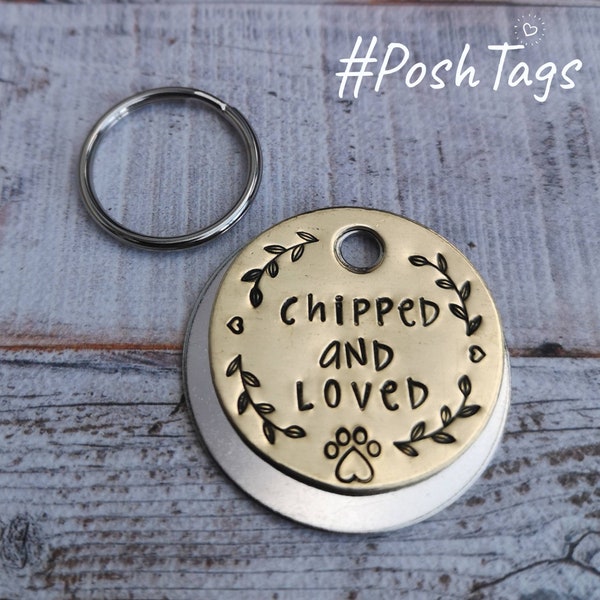 Chipped and Loved - leaf border - dog pet id tag hand stamped heart paw #PoshTags Collar Christmas Gift Idea