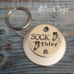 Sock Thief hand stamped dog tag pet tag ID #PoshTags Collar Christmas Gift Idea