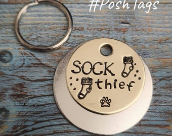 Sock Thief hand stamped dog tag pet tag ID #PoshTags Collar Christmas Gift Idea