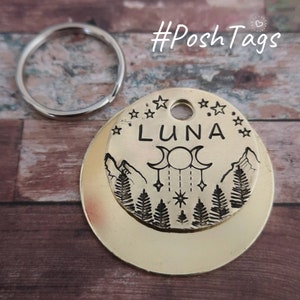 Dangle mandala moon and mountains - hand stamped 3 SIZES- pet cat dog ID tag #PoshTags Collar Christmas Gift Idea