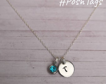 Hand stamped personalised birthstone necklace sterling silver chain with stainless steel disc #PoshTags