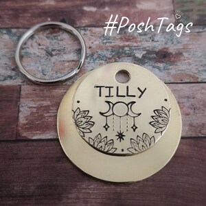 Dangle mandala moon and lotus flowers - hand stamped 3 SIZES- pet cat dog ID tag #PoshTags Collar Christmas Gift Idea