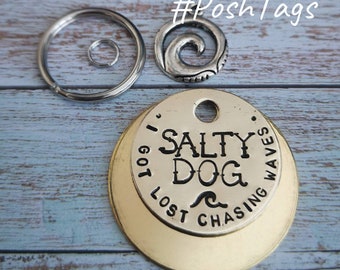 Salty Dog - I got lost chasing waves - sea sand beach - 3 sizes - hand stamped made to order pet cat dog ID tag #PoshTags