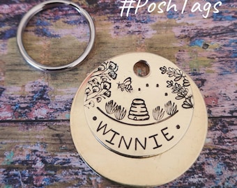 Bumble Bee, hive & wildflowers - The Winnie Tag - pet cat dog ID tag #PoshTags Collar Christmas Gift Idea