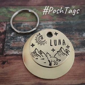 Wolf in the mountains - dangle moon & stars - hand stamped 3 SIZES- pet cat dog ID tag #PoshTags Collar Christmas Gift Idea