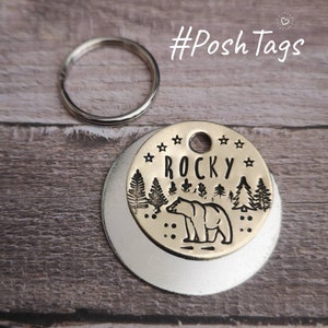 Bear in the forest trees - hand stamped 3 SIZES- pet cat dog ID tag #PoshTags Collar Christmas Gift Idea