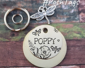 Poppy flower, dragonfly, wildflowers and leaves - cat dog pet tag ID #PoshTags Collar Christmas Gift Idea