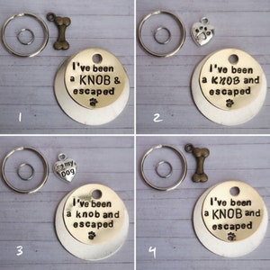 Könnte beinhalten: Vier verschiedene Hundemarke-Schlüsselanhänger mit einem silbernen Schlüsselring, einem silbernen Anhänger und einem goldfarbenen Anhänger. Die Anhänger haben den Text "I've been a KNOB and escaped" aufgedruckt. Ein Anhänger hat einen Pfotenabdruck-Anhänger, einer einen Knochen-Anhänger und einer einen Herz-Anhänger mit dem Text "I love my dog" darauf.