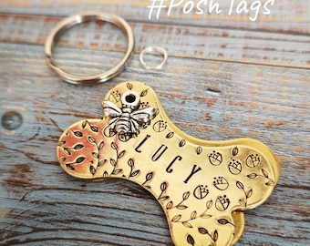 Brass Bone Shape Dog Tag - Floral Tulips and Leaves With Bee Charm