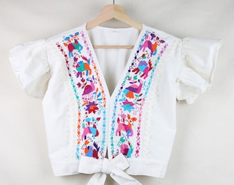 Embroidered by Hand Mexican Traditional Artisan Floral Women's Blouse Multicolored Handcrafted Vibrant / Cropped Top Flared Sleeve Cotton