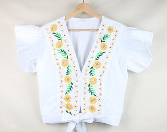 Embroidered by Hand Mexican Traditional Artisan Floral Women's Blouse Multicolored Handcrafted Vibrant / Cropped Top Flared Sleeve Cotton